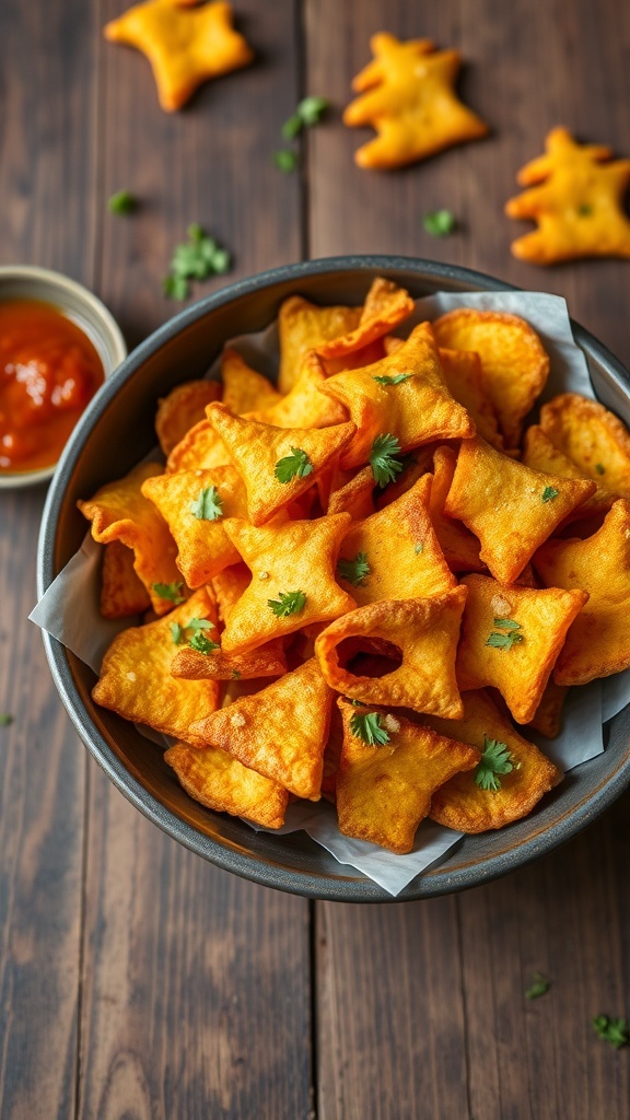 A bowl of spicy masala chips served with chutney on a rustic table.
